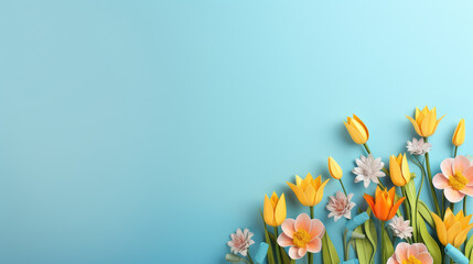 paper flowers on blue background with copy space