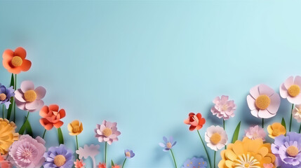 paper flowers on blue background with copy space