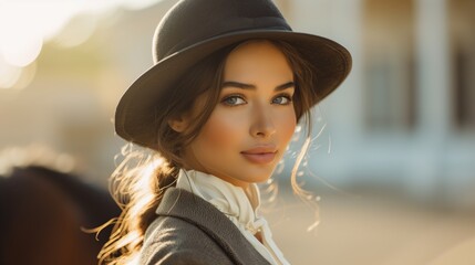 Portrait of a fashionable woman in a hat at sunset