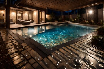 Obraz na płótnie Canvas Raindrops creating ripples on a townhouse swimming pool, juxtaposed with the cozy and inviting ambiance of the townhome's interior lights