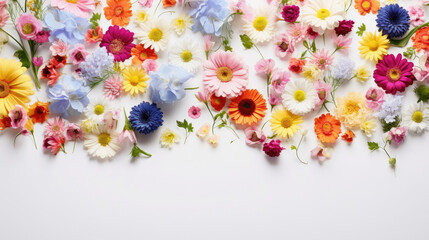 scattered spring flowers on white background, top view with copy space