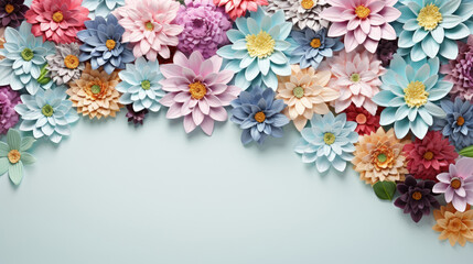 scattered spring flowers on blue color background, top view with copy space