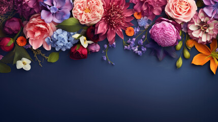 scattered spring flowers on dark blue color background, top view with copy space - obrazy, fototapety, plakaty