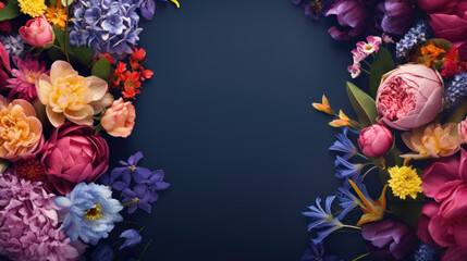 scattered spring flowers on dark blue color background, top view with copy space