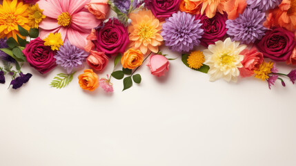 scattered spring flowers on white background, top view with copy space