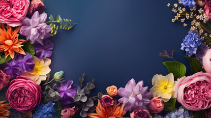 scattered spring flowers on dark blue color background, top view with copy space