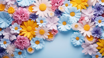 scattered spring flowers on blue color background, top view with copy space