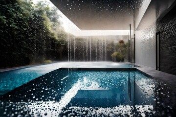Rainfall over a duplex with swimming pool, capturing the serene atmosphere as droplets create ever-expanding circles on the pool's surface
