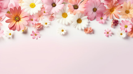 Fototapeta na wymiar spring flowers on pink color with copy space