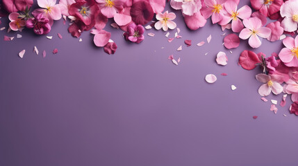 spring flowers on purple color with copy space, top view