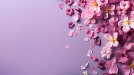 spring flowers on purple color with copy space, top view