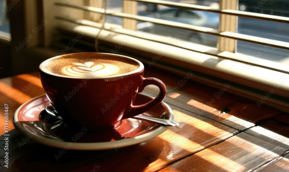 Poster a cup of coffee sits on a saucer in front of a window. generative ai.