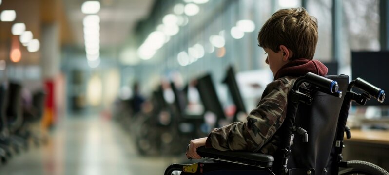 A boy in a wheelchair sitting in an office. Generative AI.