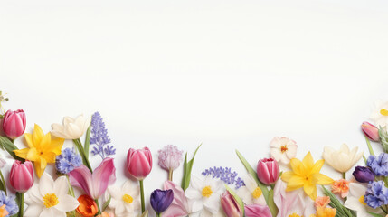 spring flowers pattern on white pastel color background with copy space