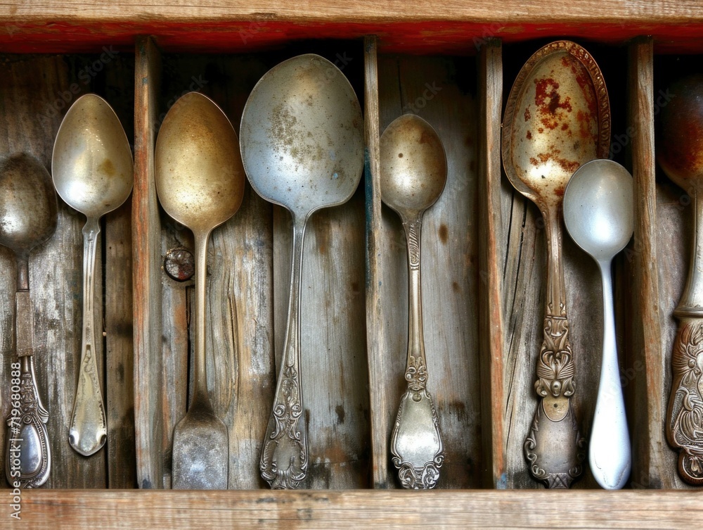 Poster an old spoons in a drawer. generative ai.