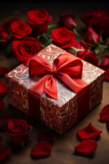 Gift box with beautiful decor and red ribbon. Nicely decorated present with red roses and rose petals. Concept: Gift for Valentine's day, for Love one, Wedding, Anniversary or Woman Day.