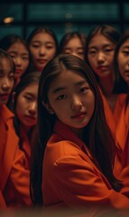 Fototapeta premium A group of asian women in orange jackets. Generative AI.