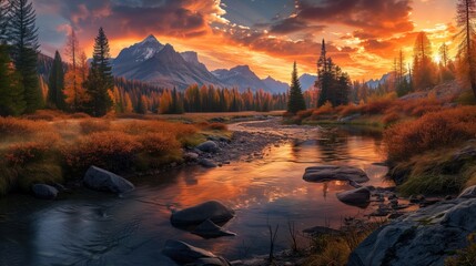 Beautiful sunset over big mountains, creek in the background - obrazy, fototapety, plakaty