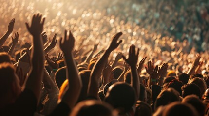 A crowd of people at a concert with their hands up. Generative AI.