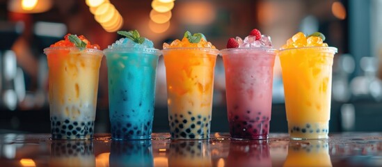 many cups and different colors of bubble tea