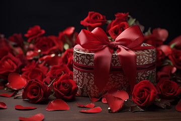 Gift box with beautiful decor and red ribbon. Nicely decorated present with red roses and rose petals. Concept: Gift for Valentine's day, for Love one, Wedding, Anniversary or Woman Day.
