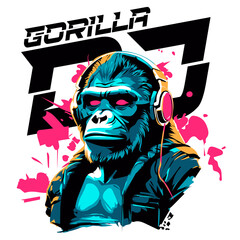 gorilla dj, rave electronic animal, gorilla with headphones and headphones vector illustration for t-shirt design