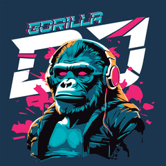 gorilla dj, rave electronic animal, gorilla with headphones and headphones vector illustration for t-shirt design