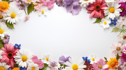 spring flowers frame on a pastel white background top view
