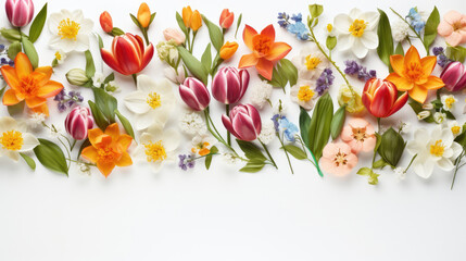 spring flowers frame on a pastel white background top view