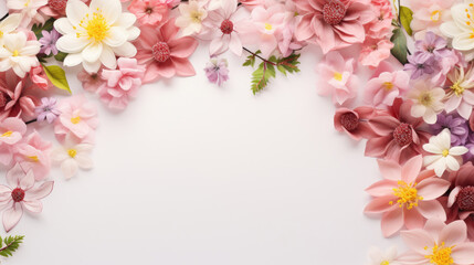 spring flowers frame on a pastel pink background top view