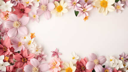 Fototapeta na wymiar spring flowers frame on a pastel pink background top view