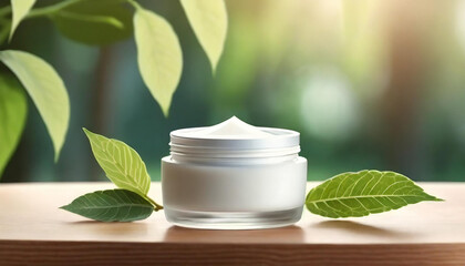 Facial cream jar with a smooth cap, with green leaves. Nature Forest background