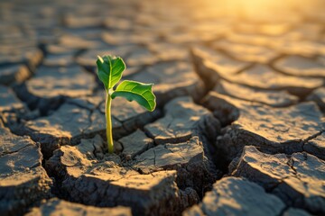 Small green sprout grow on cracked, dry earth.	