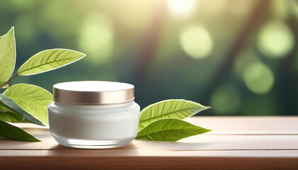 Facial cream jar with a smooth cap, with green leaves. Nature Forest background