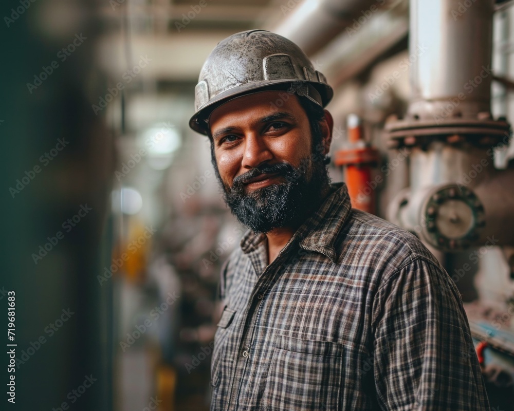Poster an indian man with a beard and hard hat standing in front of a factory. generative ai.
