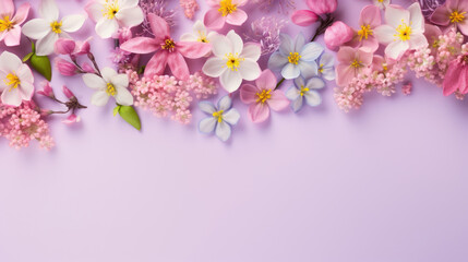 Naklejka na ściany i meble spring flowers frame on a pastel purple background top view