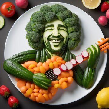 Original portrait of a musician laid out on a white plate of vegetables, spices and fruits, created using artificial intelligence