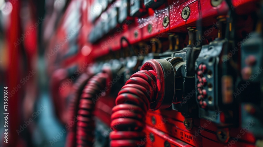 Poster close up of red electrical panel with wires. generative ai.