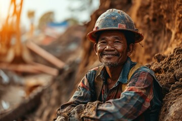 A smiling man in a hard hat sitting in the dirt. Generative AI.