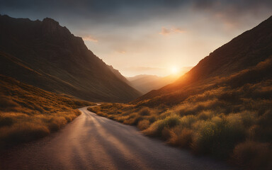 Low level view of empty old paved road in mountain area at sunset