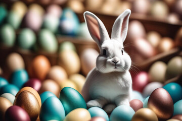 A cute, beautiful Easter bunny, among colorful decorated eggs. A symbol of the Easter holiday. Generative AI.
