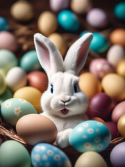 Fototapeta na wymiar A cute, beautiful Easter bunny, among colorful decorated eggs. A symbol of the Easter holiday. Generative AI.