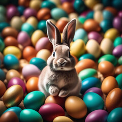 A cute, beautiful Easter bunny, among colorful decorated eggs. A symbol of the Easter holiday. Generative AI.