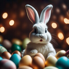 A cute, beautiful Easter bunny, among colorful decorated eggs. A symbol of the Easter holiday. Generative AI.