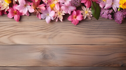 spring flowers on rustic old wooden table texture, top view with copy space