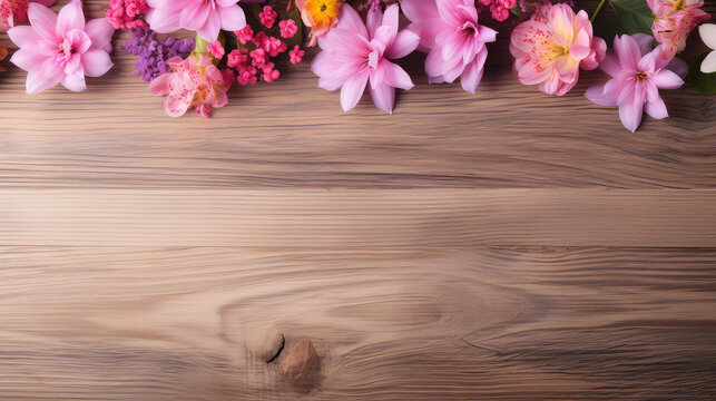 spring flowers on old rustic wooden table texture, top view copy space