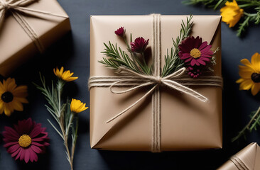 Eco-friendly gift wrapped in rustic kraft paper adorned with a minimalist design, emphasizing the beauty of simplicity in sustainable gift packagi
