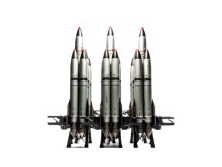 a group of rockets on a stand