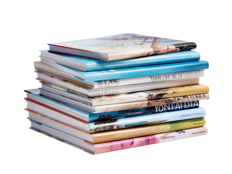 a stack of magazines on a white background