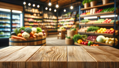 Obraz na płótnie Canvas empty wooden table with blur beautiful grocery store background